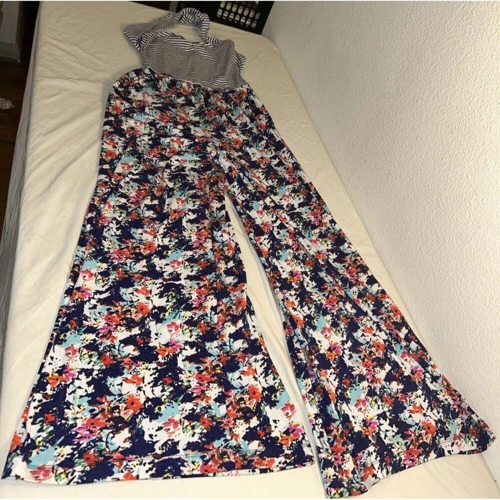 Xhiliration Small Petite Halter Striped Top Flared Floral Leg Jumpsuit